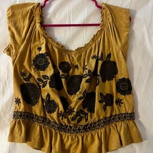 American Eagle Outfitters Mustard Blouse with Black Floral Design